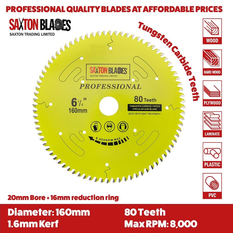 Saxton TCT16080TPRO Professional Range TCT Circular Blade 160mm x 80T