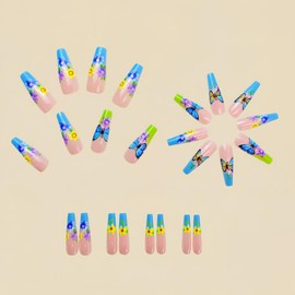 Butterfly Press on Nails Medium Square Stick on Nails with Purple Flower Design Ombre Blue Pink False Nails Reusable Floral Glue on Nails Glossy Cute Summer Fake Nails for Women Girls Manicure 24Pcs