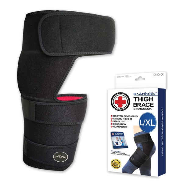 Doctor Developed Stabilizing Hip Support Brace - Sciatica Pain Relief, Piriformis Syndrome - Thigh compression, Hamstring compression wrap - Doctor Handbook included - Women & Men (L/XL, Black)