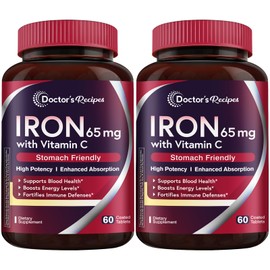 Doctor's Recipes Iron Supplement 65 mg with Vitamin C - Maximized Absorption & Stomach Friendly Iron Pills for Red Blood Cells Formation, Heart, Brain & Immunity Health - Vegan 120 Iron Tabs (2 Pack)