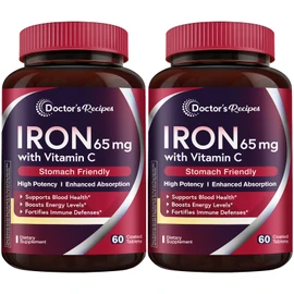 Doctor's Recipes Iron Supplement 65 mg with Vitamin C - Maximized Absorption & Stomach Friendly Iron Pills for Red Blood Cells Formation, Heart, Brain & Immunity Health - Vegan 120 Iron Tabs (2 Pack)
