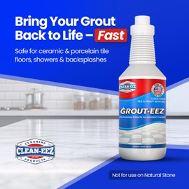 Clean-eez Grout-eez Tile Cleaner with Handheld Brush – 32 oz Heavy-Duty Stain Remover for Ceramic and Porcelain Surfaces – Safe for Colored Grout – Not for Natural Stone – Bathroom & Kitchen Use
