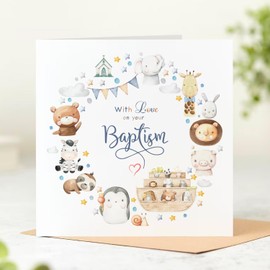 Beau Willows Noah's Ark Baptism Card Cute Jungle Animals Religious Greetings Card for Boy