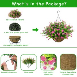 BCBLF Artificial Hanging Flowers Basket, 12 UV-Resistant Bundles of Realistic Fake Flowers, Faux Plants for Outdoor Decor, Home, Garden, Porch, Patio, Spring & Summer Decorations, Pink