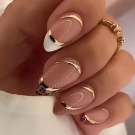 24 Pcs Almond Press on Nails French Tip Fake Nails Oval Shape False Nails with Gold Line Stripes Foil Leopard Designs Glossy Full Cover Glue on Nails Acrylic Nails for Women Girls DIY Maniture Decorations