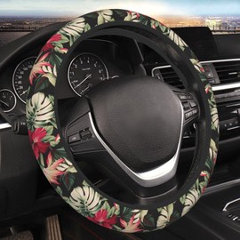 Red Hawaiian Flowers Car Steering Wheel Cover, Universal 15 Inch Soft Elastic and Comfortable Floral Steering Wheel Protector Warm in Winter and Cool in Summer Car Accessories Decorations for Women