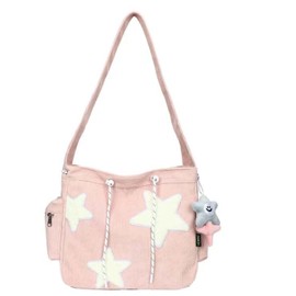 Corduroy Crossbody Bag for Women Y2k Aesthetic Star Patches Messenger Bag Cute Shoulder Tote Bag with Kawaii Pendant (Pink,One Size)