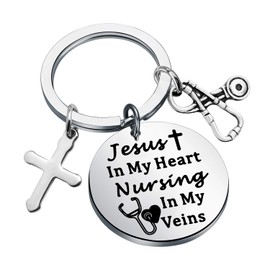 Nurse RN Keychain Funny Nurses Day Gift Jesus in My Heart Nursing in My Veins Stethoscopes Christian Nurse Keychain, Grey, 3.0