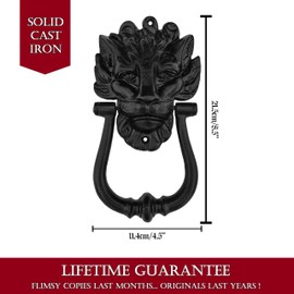 SaKeGa Mystic Colonial Medieval Cast Iron Lion Head Door Knocker 1 Pc - 8 in × 4.5 in (20.3 cm × 11.4 cm) Vintage Rustic Front Door Hardware | Decorative Medieval Entry Knocker with Mounting Screws