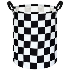 19.7 Inch Round Laundry Hamper Black Check Laundry Basket Fabric Storage Hamper Organization Basket, Storage Bin, Toy Box,Gift Basket with Handles for Room