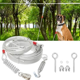 100 ft Dog Tie Out Cable with 10ft Runner Cable - Heavy Duty Long Dog Leash for Yard Training Camping Hiking Outside - Chew Proof Lead Trolley Cable with Buffer for Small Medium Large Dogs Silver