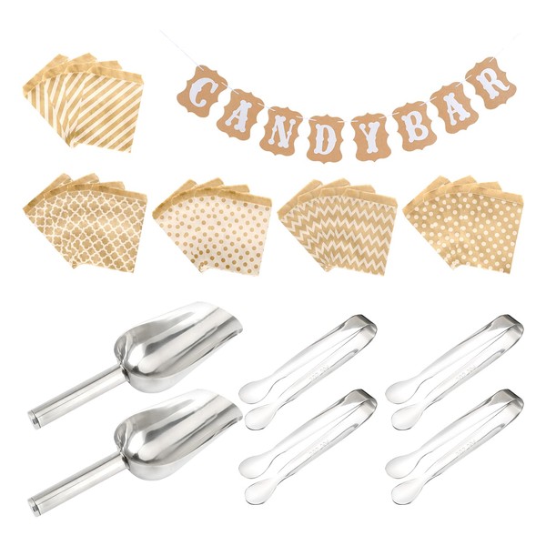 27-Piece Candy Party Tool Set, Including 4 Pieces of Candy Tongs, 2 Pieces of Sugar Shovels, 1 Piece of Banner Pull and 20 Pieces of Kraft Paper Bags, Barbecue Party Tool Set