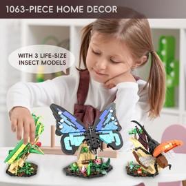 Insect Collection Building Toy Set, with Life-Size Blue Butterfly, Mantis and Beetle Display Models, Fun Gift for Nature Lovers, Bug Building Office Home Decorative, Gifts Ideal for Adults Kid 6+