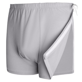 Men's Post-Surgery Tear Away Shorts, Loose Fit Cotton Shorts with Wide Leg and Snap for Knee & Hip Replacement Recovery Light Grey