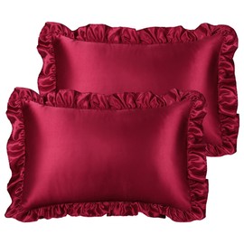 PiccoCasa Satin Pillowcases for Hair and Skin, Retro Silky Pillow Cover with Luxury Ruffle and Envelope Closure Satin Pillow Cases 2 Pack Burgundy 50 x 75cm