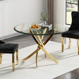 KUVADAZ 36" Glass Gold Dining Table for 2-4, Modern Dining Room Table with 0.39" Tempered Glass Top and Cross X-Shaped Stainless Steel Base, Round Kitchen Table Dinner Table for Dining Room