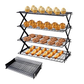 4 Tier Collapsible Cooling Rack, Adjustable Stackable Stainless Steel Baking Rack with Leak-Proof Mesh & X-Shaped Structure, Dishwasher Safe for Cookies, Bread, Pastries