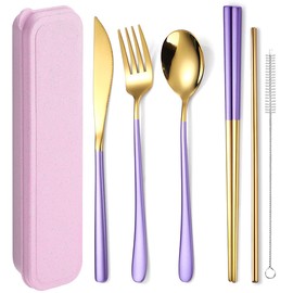 AARAINBOW 6 Pieces 18/8 Stainless Steel Flatware Set Portable Reusable Cutlery Set Travel Utensils Set Including Chopsticks Knife Fork Spoon Straws Cleaning Brush Dishwasher Safe (Purple golden)