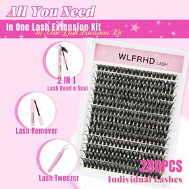 Lash Clusters Kit 280 Pcs DIY Individual Cluster Lashes D Curl Lash Extension Kit with Eyelash Bond and Seal, Remover, Tweezers Applicator Tool for False Eyelash Cluster Kit(50D, Mix9-16mm Kit)