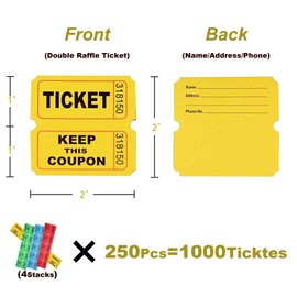 Homrelaxy 1000 Double Raffle Tickets, 50/50 Raffle Tickets for Events, Entry, Carnivals, Class Rewards and Door Prizes (Assorted-Blue/Red/Green/Yellow)
