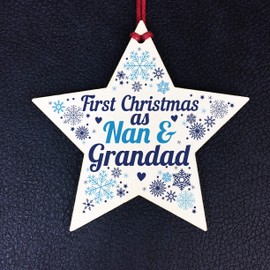 RED OCEAN First Christmas As Nan Grandad Wooden Star Christmas Tree Bauble Decoration New Baby Grandparent Gifts