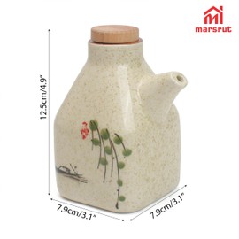 Soy Sauce Dispenser Ceramic, Japanese Style, Large Leakproof Vintage Bottle Holder Container with Cork Stopper for Oil Vinegar Condiment Liquid Barbecue Cooking Kitchen, 300ml
