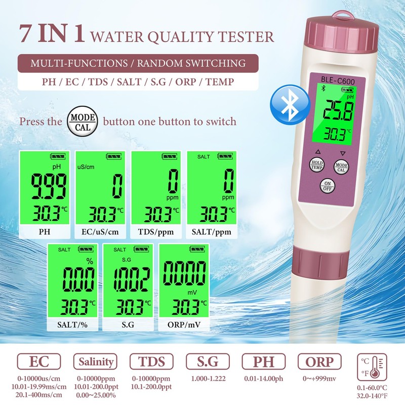 PH Meter 7-in-1 Tds Meter/Salinity Tester/pH Meter/EC Meter/Orp Meter/S.G Meter/Temp