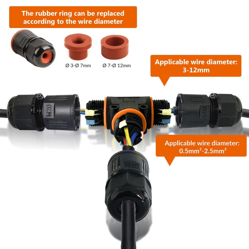 Cable Connector Waterproof IP68, Pack of 3 Cable Connectors, 3