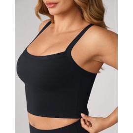 UNISSU Hugcurve Adjustable Longline Sports Bra Square Neck Workout Tank Crop Tops for Women with Built in Bra Padded Camisole Black Small