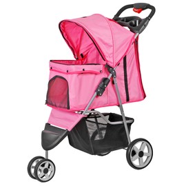 LEMY Foldable Pet Puppies Stroller for Cats and Dogs, 3 Wheels Travel Pet Carrier w/Weather Cover, Storage Basket and Cup Holder, Pink
