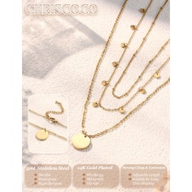 Chriscoco 3Pcs Gold Necklaces for Women 14K Gold Plated Stainless Steel Necklace Chain Adjustable Beaded Choker Coin Pendant Boho Layered Necklace Set Jewellery Gift for Girls