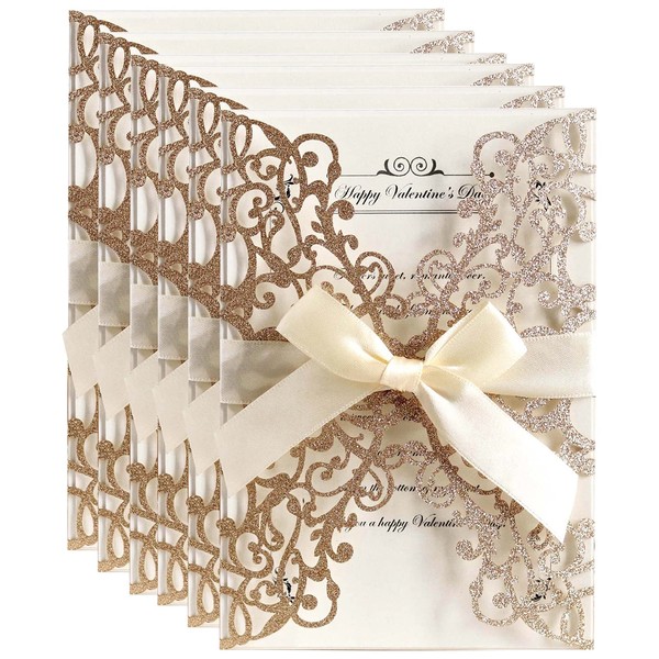 ALOHA SUN 20pcs Laser Cut Romantic Wedding Invitations Kits with Envelope Blank Inner Sheet and Ribbon for Marriage, Bridal Shower, Engagements, Party (5x7 Inches Greeting Card, Glitter Floral)