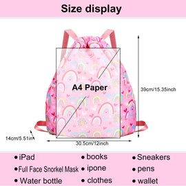 RHCPFOVR Drawstring Backpack for Kids - Rainbow Bags for Girls Mini Gym Dance Beach Swim Travel Bag With Two Water Bottle Holder