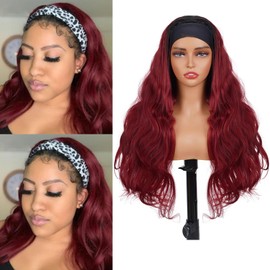 1B/99J Headband Wig Human Hair Body Wave 20 Inches Ombre Burgundy Human Hair Headband wig None Lace Front Wigs Human Hair Wig for Black Women Wear and Go Wig 150% Density wig（1B/99J,BD,20Inch)