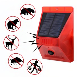 Lancoon Solar Alarm Strobe Light with Remote Control Motion Sensor Detector Outdoor Alarm Animal Repeller Security Siren IP65 Waterproof Protected for Villa Barn Farm Yard