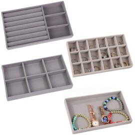 4 Stackable Jewelry Trays Organizer Set for Drawer, Jewelry Organizers and Display Case Storage, Velvet Drawer Inserts Organizer for Necklace Bracelets Earrings Organizer, Gift For Her, Grey