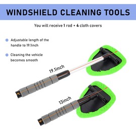 MUQIDA Windshield Cleaner Tool, Retractable Car Window Glass Wash Brush Kit with Rod Handle and 4 Cloth Pads, Microfiber Windscreen Cleaning Kit for Vehicles' Window, Car Accessories (Green)