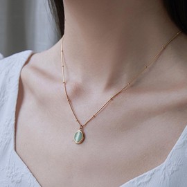 Cimenexe Bohemian Light Green Pendant Necklace, Natural Green Moonstone Necklace, Green Chalcedony Necklace, Gold Satellite Necklace, Birthstone Gemstone Necklace, Jewelry for