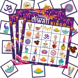 YVAINE Happy Diwali Party Festival of Lights Bingo Game, Deepavali Bingo Cards Mandala Decoration Favors Games for Diwali Diya Party Supplies Family Gathering Classroom Activities,24 Players