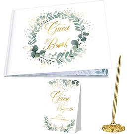 Juego de Libro de Invitados de Boda Libro de Visitas de Memoria Forrado con Bolígrafo Dorado y Soporte, Tarjeta de Mesa Guest Sign In Tapa Dura con Lámina Dorada, 7 x 9 Pulgadas