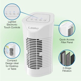 Lasko HF11200 Desktop Air Purifier for Home, Office, Bedroom, Dorm and Small Rooms – 3-Stage Filtration Removes Smoke, Pet Odors, Allergens, Dust and Mold Spores, White