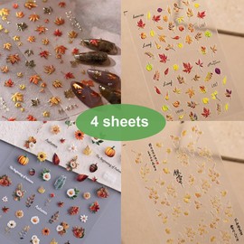 4 Sheets Nail Stickers for Nail Art 5D Embossed Autumn Gold Maple Leaves Nail Stickers Self-Adhesive Fall Nail Art Decals for Women Nail Art Design