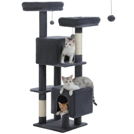 MUTTROS Cat Tree, 52.4" Multilevel Cat Tower for Indoor Cats, Plush Cat Tree House with 2 Padded Perches, 2 Condos & 2 Scratching Posts,Dark Gray