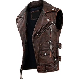 Cheemaz Men’s Vintage Negan Cowhide Brown Biker Riding sleeveless Motorcycle Leather Vest (as1, alpha, x_l, regular, regular, Brown)
