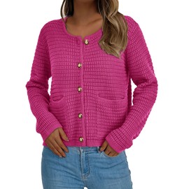 PRETTYGARDEN Women Knit Cardigan Sweaters Fall Fashion Long Sleeve Open Front Button Down Trendy Casual Jacket Winter Clothes (Rose Red,Large)