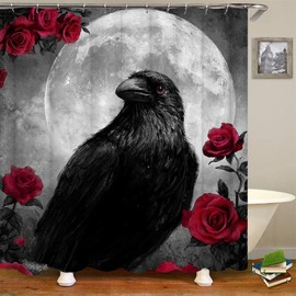 RnnJoile Crow Shower Curtain Set Gothic Bath Curtain Raven Bathroom Decor Black and Red with Hooks 72"x72"