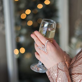 Aprilery Two-Finger Statement Ring Palm for Women, Fashion CZ Crystal Adjustable Rings Cocktail Open Multiple Ring Leaf Wedding Party Prom Accessory Jewelry Gifts for Her (V Open)