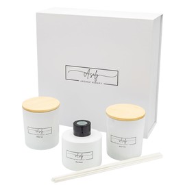 ASALY Luxury Candle Gift Set, 2 Scented Candles and 1 Reed Diffuser. Birthday, Anniversary, Gift Set, Gift for Her. Diffuser Scent of (Rose and Oud), Candle Scents (White Tea and Mon Paris)
