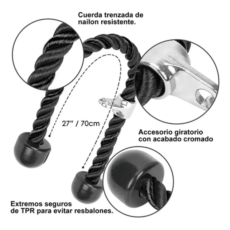 Cuerda de Tríceps Tzawhst 70cm Antideslizante Negro de Acero para