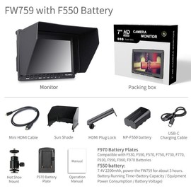 FEELWORLD FW759 7 Inch DSLR Camera Field Monitor HD Video Assist Slim IPS 1280x800 4K HDMI 1080p with Sunshade - Accessories: With F550 Battery